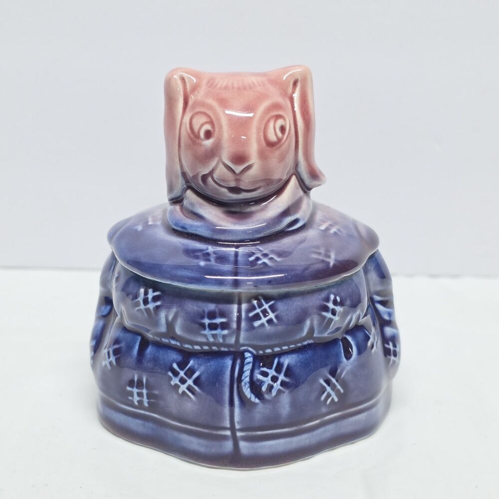 Antique Majolica Tobacco Jar Anthropomorphic Rabbit GERMANY Purple Pink Vintage